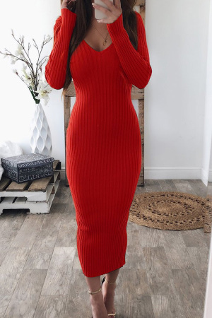 Red Casual Long Sleeves Slim Blending Mid Calf Dress