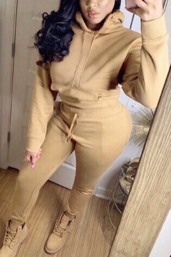 Khaki British Style Solid Hooded Collar Long Sleeve Regular Sleeve Regular Two Pieces