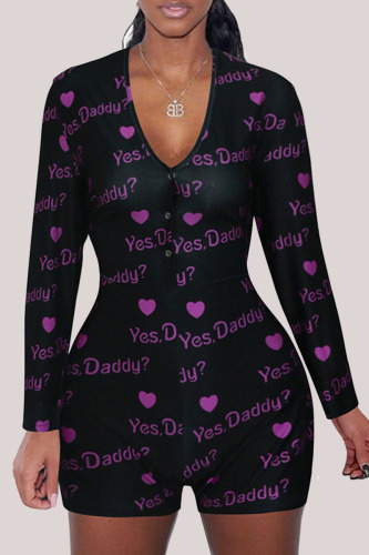 Black Fashion Adult Living Print V Neck Skinny Rompers