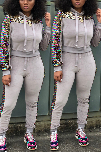 Apricot Women Winter Sequins Long Sleeve Hooded Two Pieces Suit