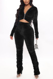 Black Fashion Sexy Solid Fold Zipper Collar Long Sleeve Two Pieces