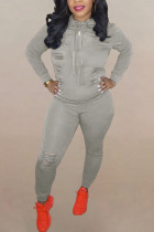 Grey Fashion Solid Ripped Hooded Collar Long Sleeve Two Pieces