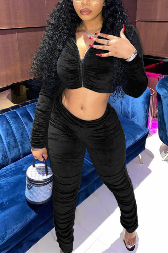 Black Fashion Sexy Solid Fold Zipper Collar Long Sleeve Two Pieces