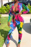 multicolor Sexy Print V Neck Skinny Jumpsuits