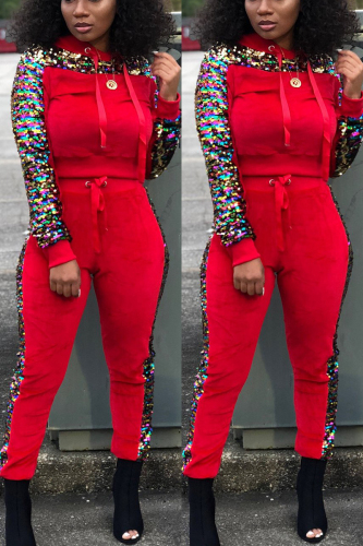 Red Women Winter Sequins Long Sleeve Hooded Two Pieces Suit