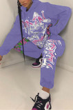 Light Purple Fashion Casual Print Basic Hooded Collar Long Sleeve Two Pieces