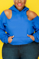 Blue Casual Solid Hooded Collar Plus Size Tops