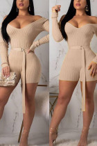 Khaki Sexy Threaded Cloth One Shoulder Romper {With Belt}