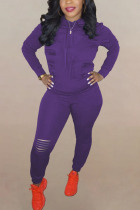 purple Fashion Solid Ripped Hooded Collar Long Sleeve Two Pieces
