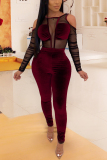 Wine Red Sexy Mesh Stitching Velvet Long Sleeves Off Shoulder Jumpsuit
