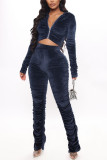 Deep Blue Fashion Sexy Solid Fold Zipper Collar Long Sleeve Two Pieces