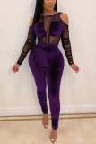 Gary Sexy Mesh Stitching Velvet Long Sleeves Off Shoulder Jumpsuit