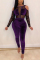 Purple Sexy Mesh Stitching Velvet Long Sleeves Off Shoulder Jumpsuit