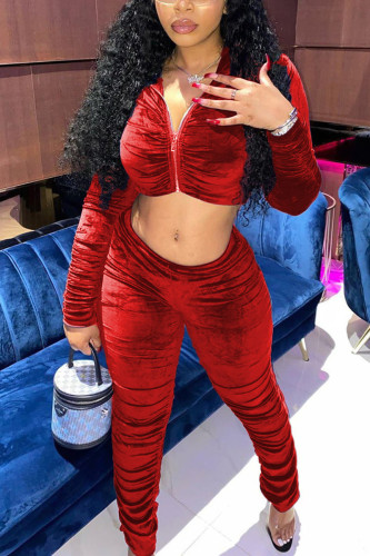 Wine Red Fashion Sexy Solid Fold Zipper Collar Long Sleeve Two Pieces