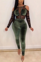 Dark Green Sexy Mesh Stitching Velvet Long Sleeves Off Shoulder Jumpsuit