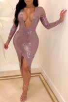 Light Pink Elegant Asymmetrical Sequined Knee Length Dress
