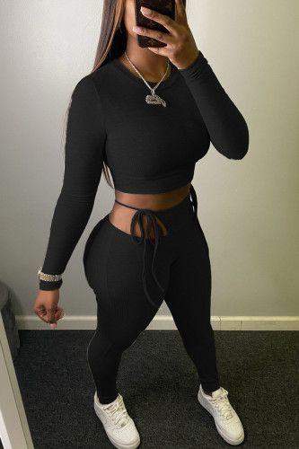 Black Fashion Sexy Solid Hollowed Out Strap Design O Neck Two Pieces