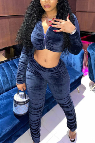 Deep Blue Fashion Sexy Solid Fold Zipper Collar Long Sleeve Two Pieces