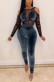 Black Sexy Mesh Stitching Velvet Long Sleeves Off Shoulder Jumpsuit