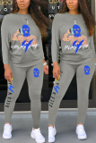 Grey Fashion Sexy Adult Print Letter O Neck Long Sleeve Regular Sleeve Regular Two Pieces