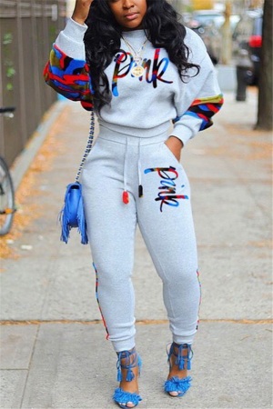 Grey adult Fashion Casual Camouflage Patchwork Embroidery Letter Two Pieces