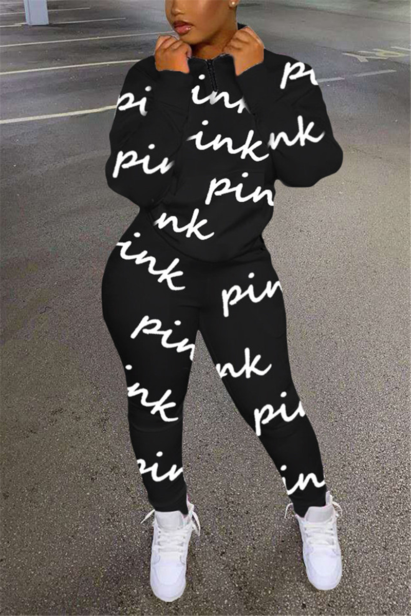 

Black Fashion Casual Print Basic Zipper Collar Long Sleeve Two Pieces