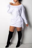 White Casual Long Sleeves Lace-Up Mini Dress