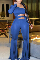 Blue Fashion Sexy Solid Hollowed Out Patchwork With Belt One Shoulder Boot Cut Jumpsuits