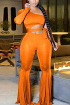 Orange Fashion Sexy Solid Hollowed Out Patchwork With Belt One Shoulder Boot Cut Jumpsuits