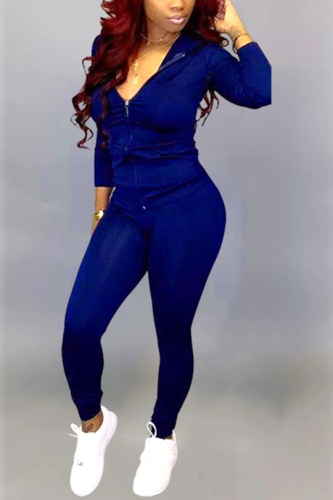 Blue Fashion adult Active Casual Lightly cooked Zippered Two Piece Suits pencil Long Sleeve