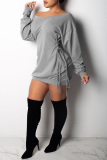 Black Casual Long Sleeves Lace-Up Mini Dress