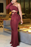 Wine Red Fashion Sexy Solid Hollowed Out Patchwork With Belt One Shoulder Boot Cut Jumpsuits