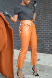 Brown Fashion Street Adult Faux Leather Solid Pants Skinny Bottoms