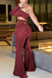 Black Fashion Sexy Solid Hollowed Out Patchwork With Belt One Shoulder Boot Cut Jumpsuits