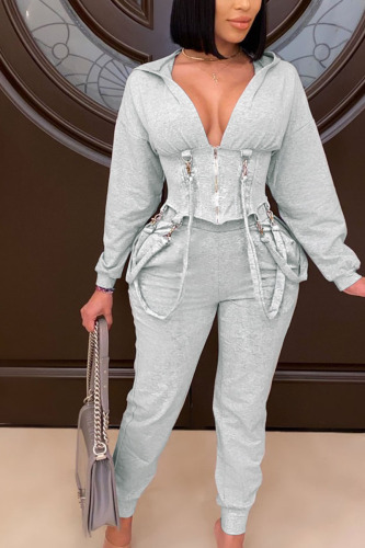 Grey Daily Patchwork Solid Patchwork V Neck Long Sleeve Regular Sleeve Two Pieces
