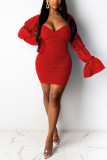 Red Fashion Sexy Solid Backless Fold V Neck Long Sleeve Dress Dresses