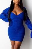 Blue Fashion Sexy Solid Backless Fold V Neck Long Sleeve Dress Dresses