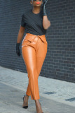 Brown Fashion Street Adult Faux Leather Solid Pants Skinny Bottoms