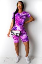 purple Polyester Casual Fashion Two Piece Suits Paisley Tie Dye Slim fit Regular Short Sleeve  Two-Piece Sh