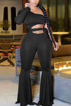 Black Fashion Sexy Solid Hollowed Out Patchwork With Belt One Shoulder Boot Cut Jumpsuits