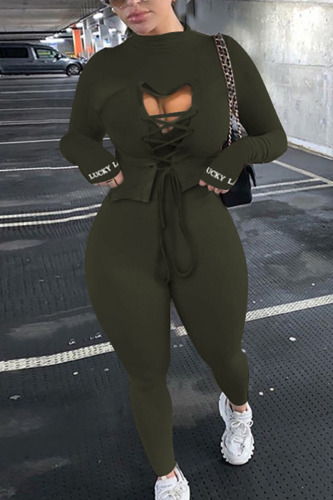 Army Green Sexy Solid Patchwork O Neck Long Sleeve Two Pieces
