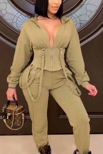 Olive green Daily Patchwork Solid Patchwork V Neck Long Sleeve Regular Sleeve Two Pieces