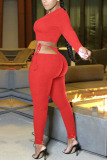 rose red Fashion Sexy Solid Patchwork Frenulum O Neck Long Sleeve Two Pieces