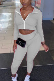 Grey Sexy Solid Hooded Collar Long Sleeve Regular Sleeve Short Two Pieces