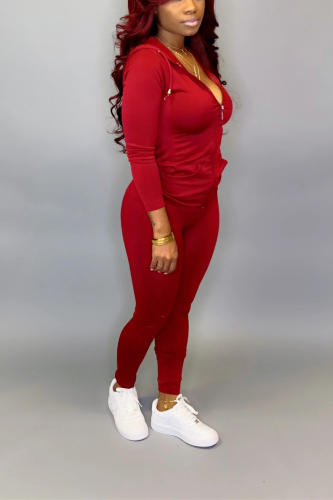 Wine Red Fashion adult Active Casual Lightly cooked Zippered Two Piece Suits pencil Long Sleeve