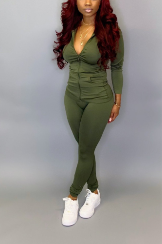 Army Green Fashion adult Active Casual Lightly cooked Zippered Two Piece Suits pencil Long Sleeve