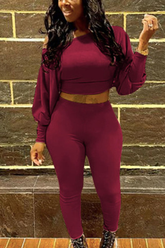 Wine Red British Style Solid Oblique Collar Long Sleeve Two Pieces