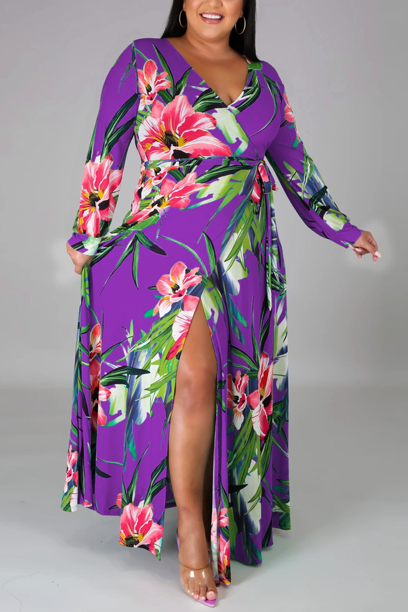 Wholesale Green Fashion Sexy Plus Size Print Slit V Neck Printed Dress ...