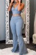 Blue Denim Sexy Fashion adult Zippered Two Piece Suits Patchwork Boot Cut Sleeveless Two-piece Pants Set