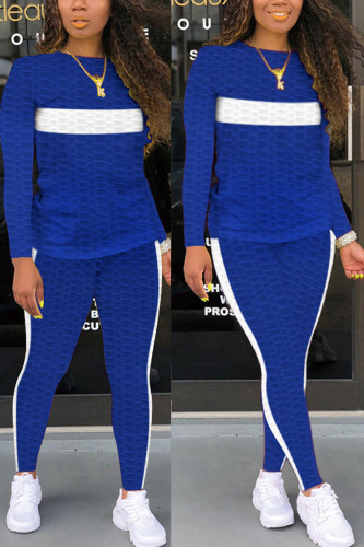 Blue Fashion Sexy Adult Striped Patchwork Patchwork O Neck Long Sleeve Regular Sleeve Regular Two Pieces